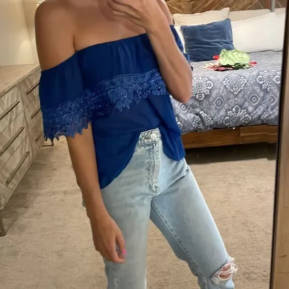 Women's Sheer Blue Cold Shoulder Top - Picture 2 of 2